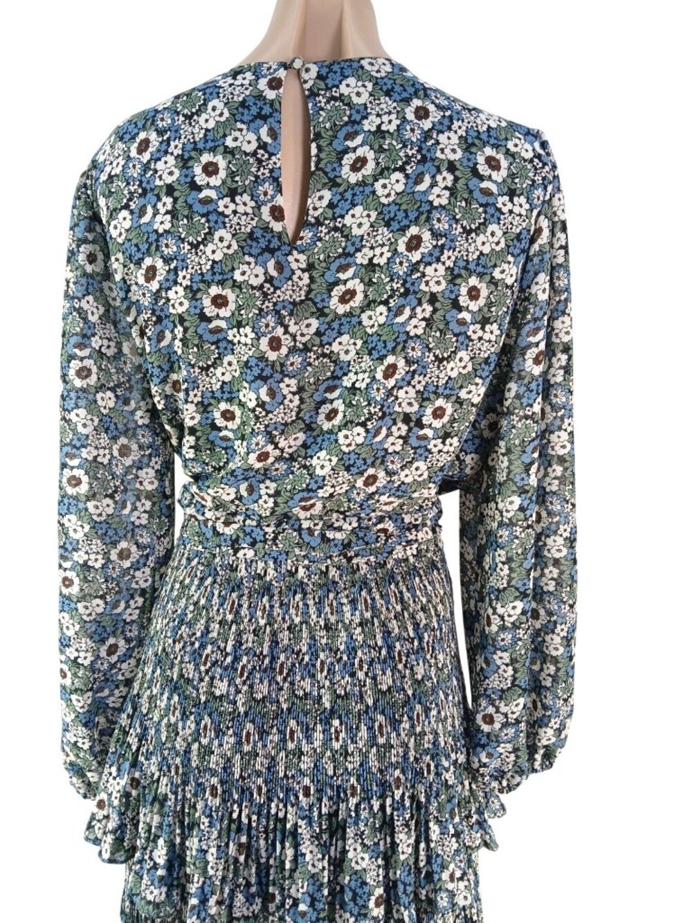 Boden Floral Tiered Long Sleeve Dress US 14 Blue Green Multicolor Plisse Mini - Picture 13 of 16